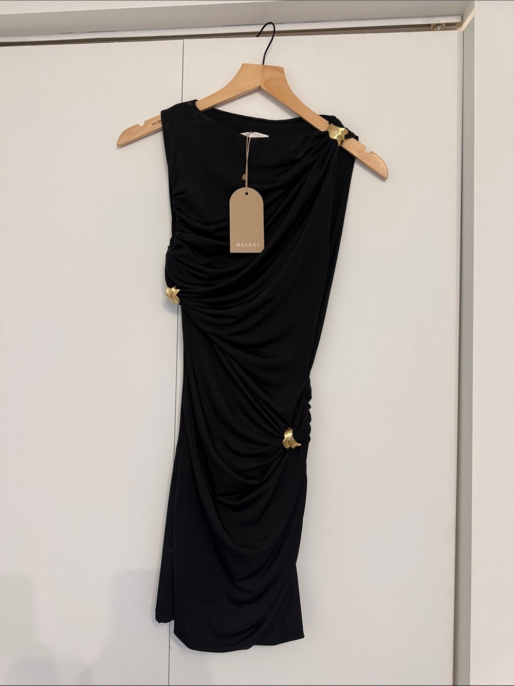Meshki Black One-Shoulder Ruched Midi Dress with Gold Hardware